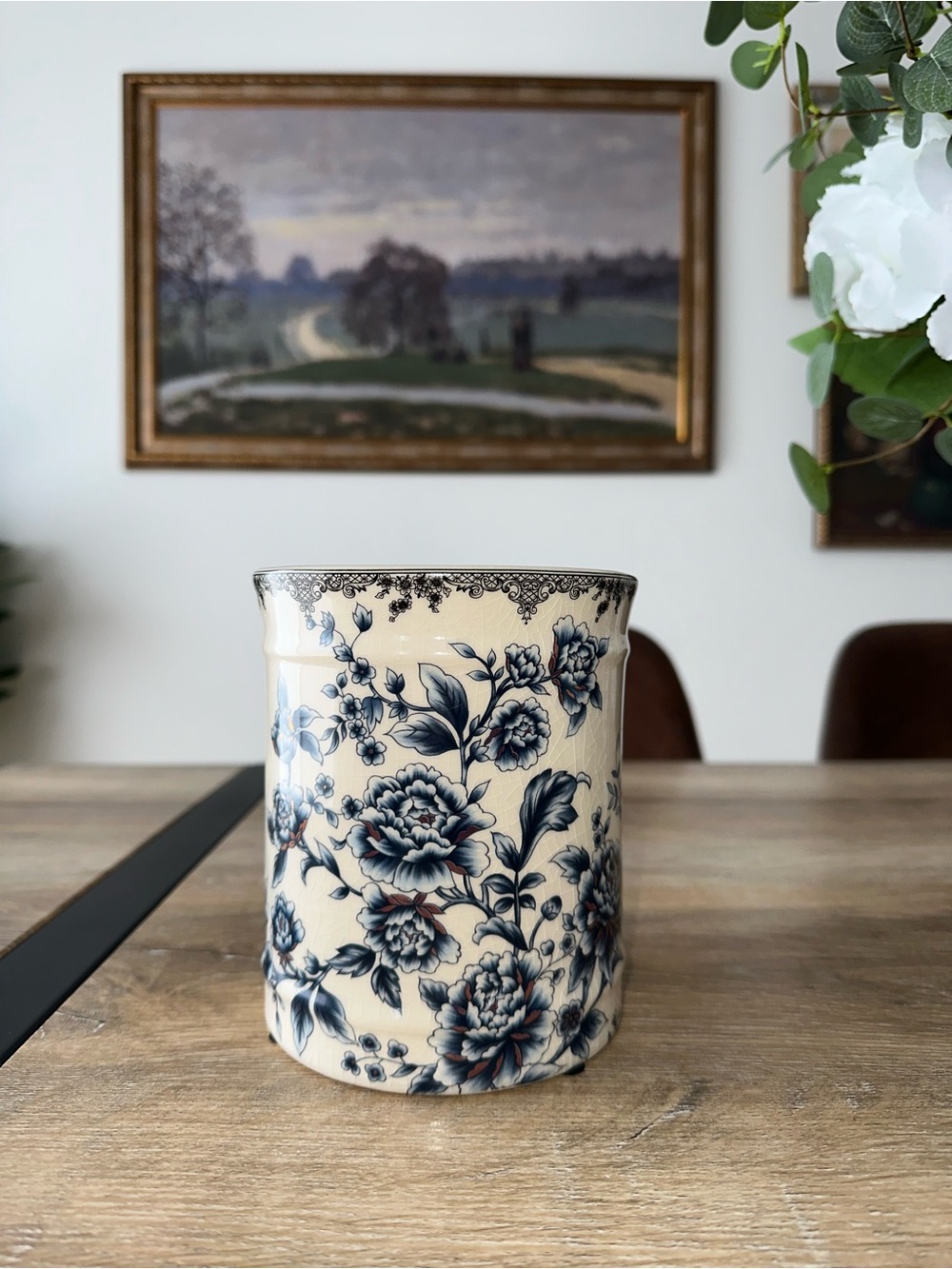 Blue & White Floral Ceramic Utensil Crock | Cottagecore Kitchen Storage Jar 🫙